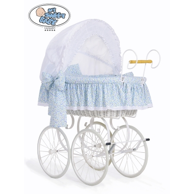 Nostalgie Stubenwagen Jasmine - Weiß - blau mit Stickerei My Sweet Baby