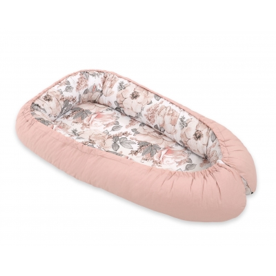 Premium doppelseitig Babynestchen Baby-Kokon - Sepia-Rosen/altrosa