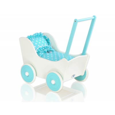 Holzpuppenwagen Mila Türkis Weiß mit Bettwäsche 135025-552