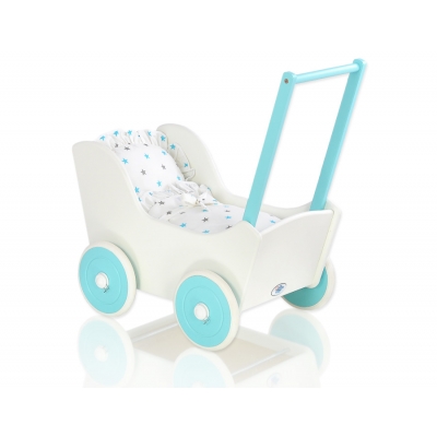 Holzpuppenwagen Mila Türkis Weiß mit Bettwäsche 135025-623