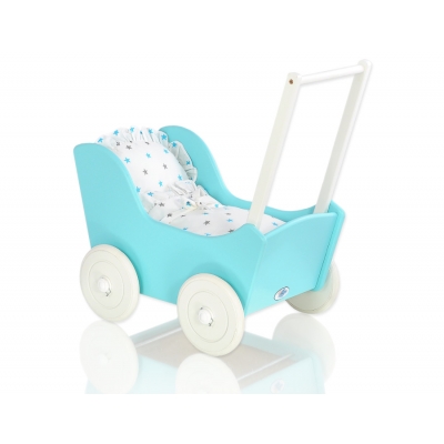 Holzpuppenwagen mit Bettwäsche Mila Türkis Weiß 135027-623