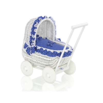 Puppenwagen aus echtem Holz und Weide Weiß Bettwäsche Marineblau Punktmuster nr 71701-380