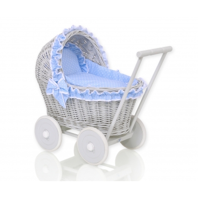 Puppenwagen aus Grau Weide Bettwäsche Blau mit Weiß Punktmuster nr 61702-588