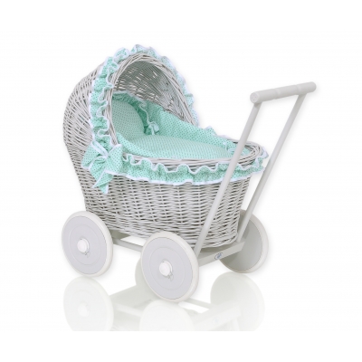 Puppenwagen aus Grau Weide Bettwäsche Minze Punktmuster nr 61702-1034