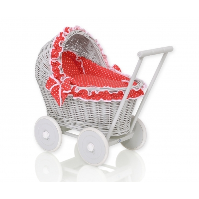 Puppenwagen aus Grau Weide Bettwäsche Rot mit Punktmuster nr 61702-763