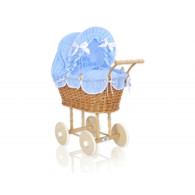 Puppenwagen aus Natur Weidenkorb  Geflochten Blau Garnitur