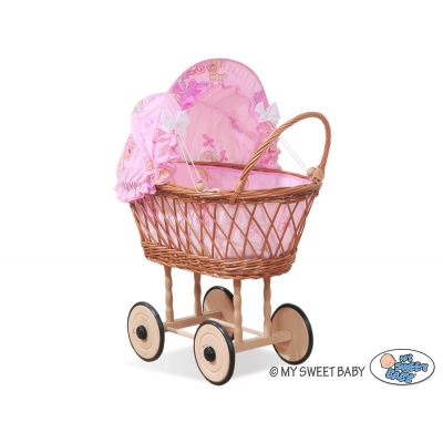 Puppenwagen aus Weide Pink Bettwäsche