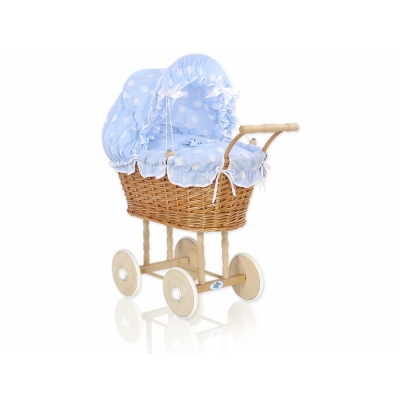 Puppenwagen aus Weide Bettwäsche Blau mit Punktmuster nr 1699-741