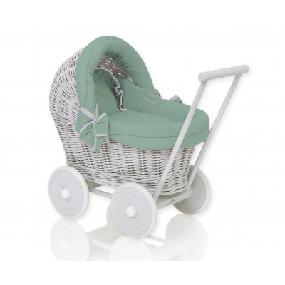 Puppenwagen aus Weide Grau weißgrün Bettset