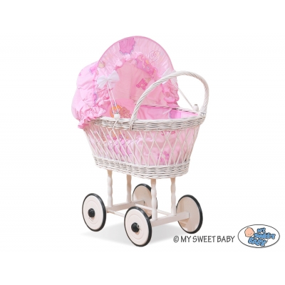 Puppenwagen aus Weide mit Bettwäsche