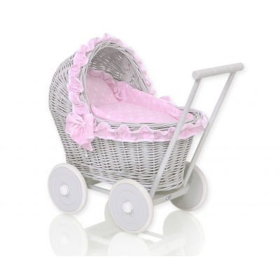 Puppenwagen Grau Weide Bettwäsche Rosa Punktmuster nr 61702-553