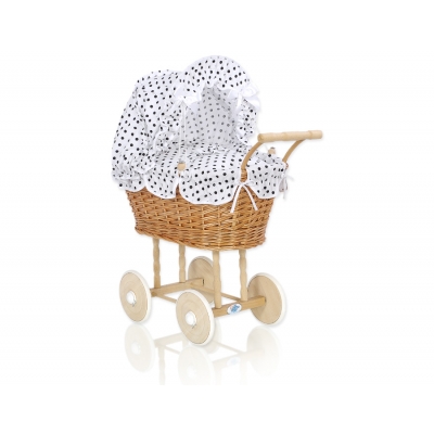 Puppenwagen Korb aus Naturweide Bettwäsche Weiß mit Schwarz-Punktmuster nr 1699-738