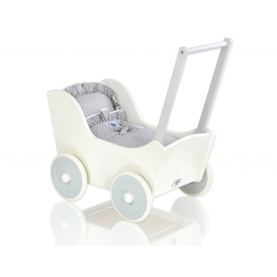 Puppenwagen aus Holz mit Bettwäsche Set Mila Weiß Grau