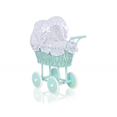 Puppenwagen Minze Weidengeflecht Bettwäsche Weiß mit Marineblau Punktemuster 21699-727