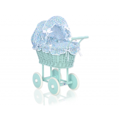 Puppenwagen  Minze Weidengeflecht Puppen Bettwäsche blaue Blümchen nr 21699-532