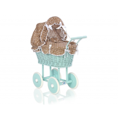Puppenwagen Minze Weidengeflecht Bettwäsche Braun Punktmuster nr 21699-584