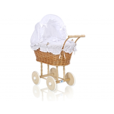 Puppenwagen Natur Weide Weiß Bettwäsche mit Stickerei nr 1699-906