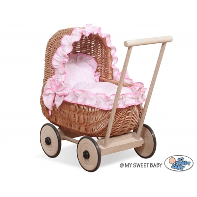 Rattan Korb Puppenwagen mit Bettwäsche Set