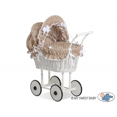 Rattanpuppenwagen Weiß Braun Punktmuster  nr 71699-584