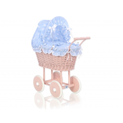 Puppenwagen Puderrosa Rattan Bettwäsche Blau mit Punktmuster nr 11699-741
