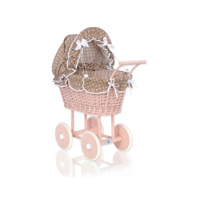 Rattan Puppenwagen Puderrosa Weide Bettwäsche Braun Punktmuster nr 11699-584