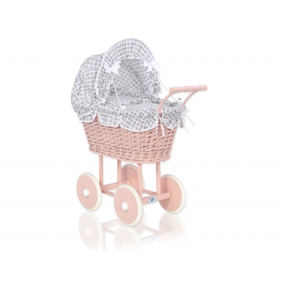 Puppenwagen Puderrosa Rattan Weide Bettwäsche Grau Kariert nr 11699-619