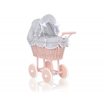 Puppenwagen aus Rattan  Puderrosa Weide mit Puppen Bettwäsche Grau mit Weiß Punktmuster nr 11699-535