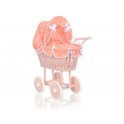 Puppenwagen Rattan Holz Puderrosa Weide mit Puppen Bettwäsche Pfirsich Punktmuster nr 11699-761