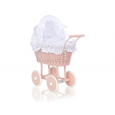 Puppenwagen Rattan und Holz Puderrosa  mit Puppen Bettwäsche Weiß mit Stickerei nr 11699-906