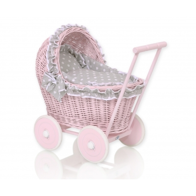 Puppenwagen Rosa Weide Bettwäsche Grau mit Weiß Punktmuster nr 81702-583
