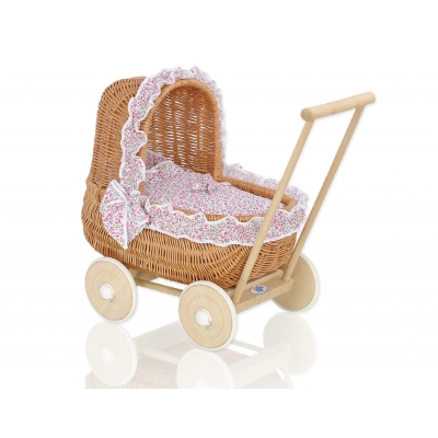Puppenwagen Vintage Holz und Weide Bettwäsche rosa Blümchen nr 1701-533