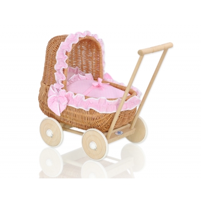 Puppenwagen Vintage Holz und Weide Bettwäsche Rosa Weiß-Punktemuster nr 1701-530