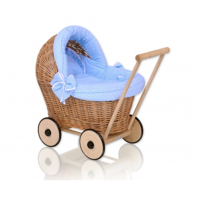 Puppenwagen Weide Bettwäsche Blau mit Weiß Punktmuster nr 1703-588