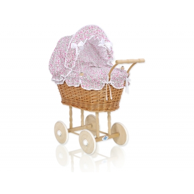 Puppenwagen Natur Weidenkorb  Bettwäsche rosa Blümchen nr 1699-533