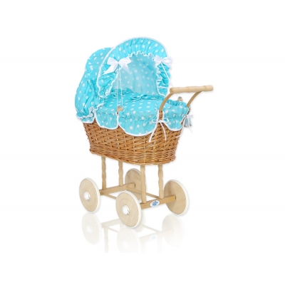 Puppenwagen Natur Weidenkorb  Bettwäsche  Türkis-Punktmuster nr 1699-552
