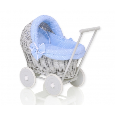 Puppenwagen Weide Grau Bettwäsche Blau mit Weiß Punktmuster nr 61703-588