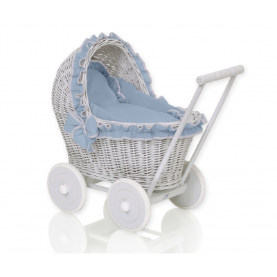 Puppenwagen Weide Grau pastellblau Bettwäsche