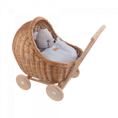 Puppenwagen aus natur Weide - Bettwäsche grau