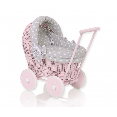 Puppenwagen Weide Rosa Bettwäsche Grau mit Weiß Punktmuster nr 81703-583