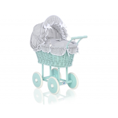 Retropuppenwagen Minze Weidengeflecht Bettwäsche Grau mit Weiß Punktmuster nr 21699-535