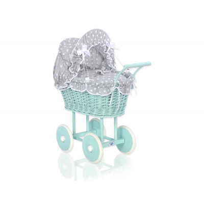 Retropuppenwagen Minze Weide mit Puppen Bettwäsche Grau mit Weiß Punktmuster nr 21699-583