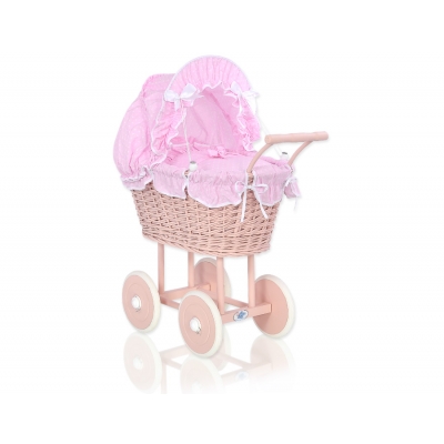 Retropuppenwagen Rattan Puderrosa Weide Bettwäsche Rosa mit Punktmuster Weiß nr 11699-530