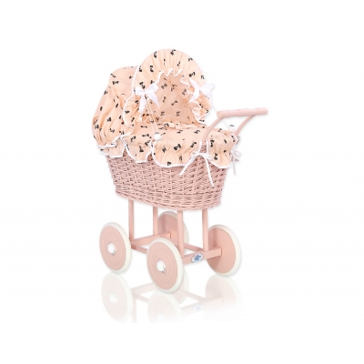 Retropuppenwagen Rattan Puderrosa Holz Bettwäsche Schleifenmuster nr 11699-762
