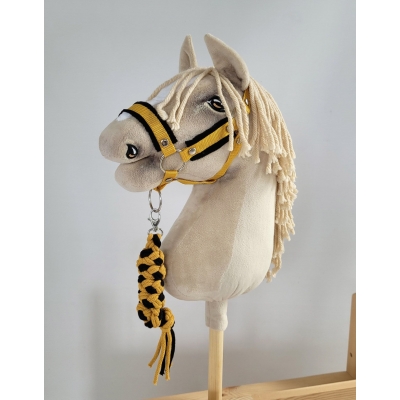 Set  für Hobby Horse: Die Halfter A3 mit schwarzer Pelz + Halfter aus Kordel - schwarz-honey yellow