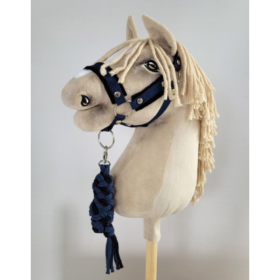 Set  für Hobby Horse: Die Halfter A3 mit schwarzer Pelz + Halfter aus Kordel - schwarz-marineblau