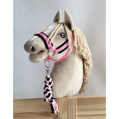 Set  für Steckenpferd: Halfter mit schwarzer Pelz mit Anbindestrick - schwarz-rosa