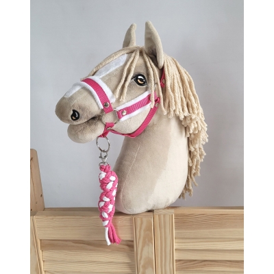 Set für Hobby Horse: Die Halfter A3 mit weißem Pelz + Kordel-Anbindestrick -weiß-dunkelrosa