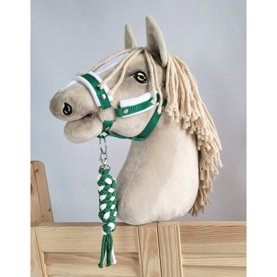 Set für Hobby Horse: Die Halfter A3 mit weißem Pelz + Kordel-Anbindestrick -weiß-grün