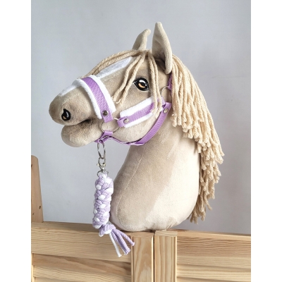 Set für Hobby Horse: Die Halfter A3 mit weißem Pelz + Kordel-Anbindestrick -weiß-lila