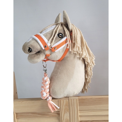 Set für Hobby Horse: Die Halfter A3 mit weißem Pelz + Kordel-Anbindestrick -weiß-orange